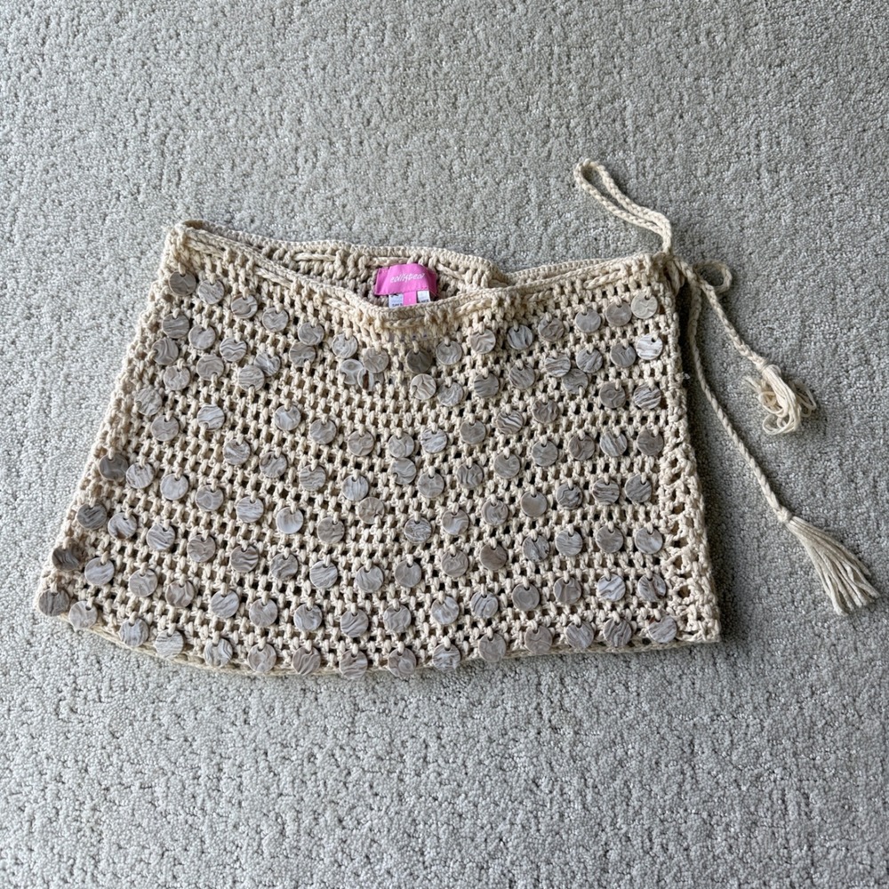 Edikted Alora Iridescent Crochet Mini Skirt Womens Size S Beige Sequin Boho Tie - Picture 8 of 10